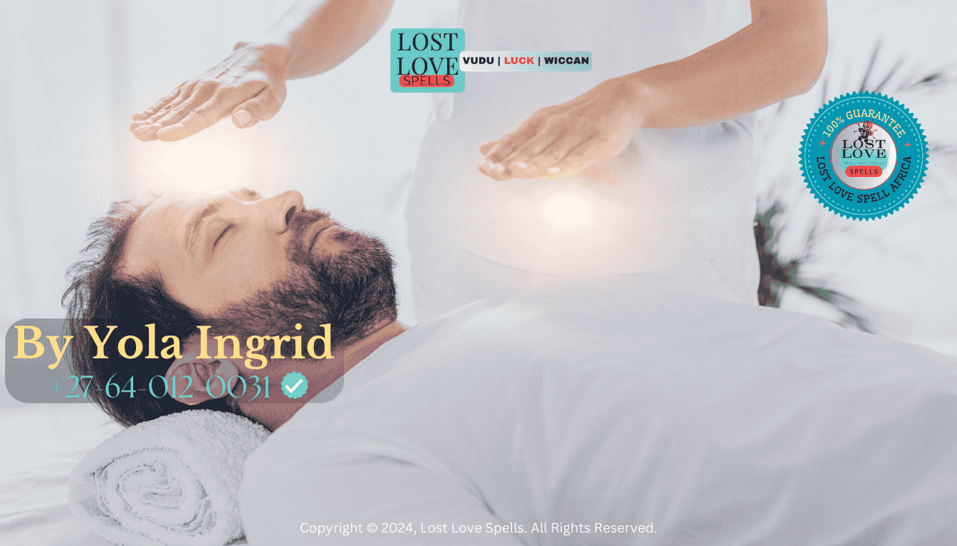A Reiki practitioner holding hands gently above a client’s heart area in soft light, symbolizing emotional healing and energy restoration for love alignment.