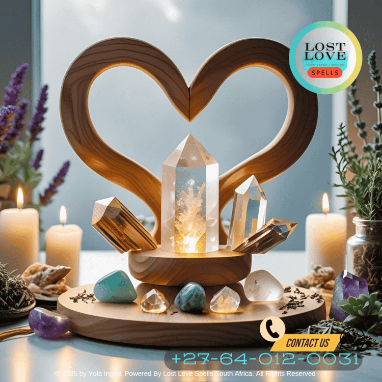 A balanced altar with heart symbols, crystals, and protective herbs to symbolize pure intention.