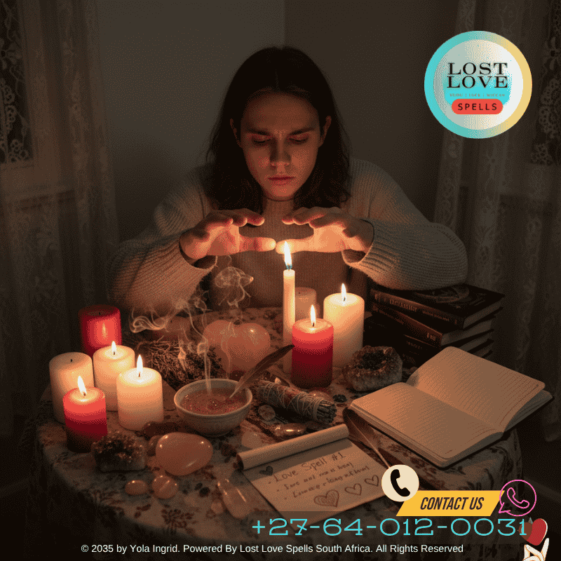 A beginner setting up an altar with candles and crystals for their first love spell. (1)