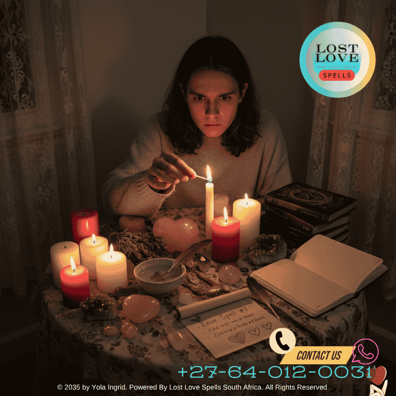 A beginner setting up an altar with candles and crystals for their first love spell.