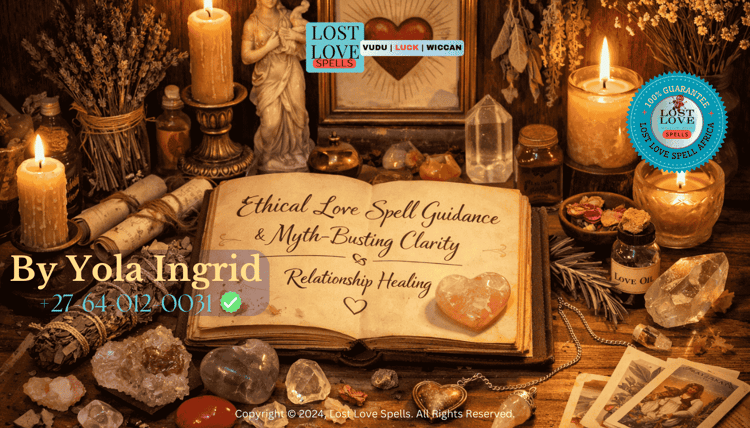 A calm candlelit spiritual workspace with herbs and crystals, representing ethical love spell guidance and myth-busting clarity for relationship healing.