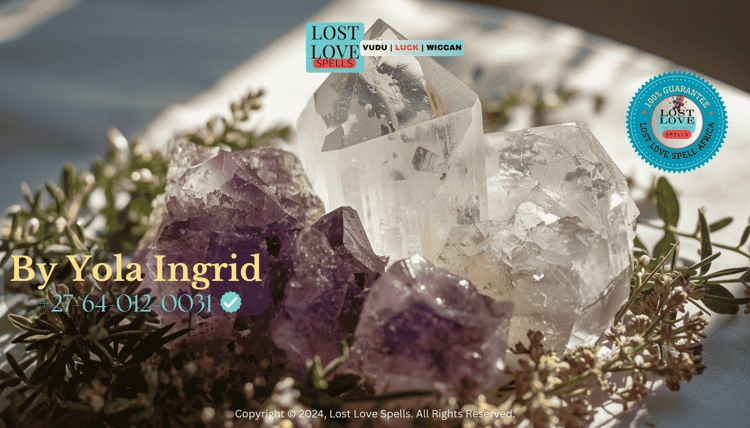 A calm crystal arrangement with amethyst, clear quartz, and herbs in soft light, representing emotional balance, protection, and love alignment.