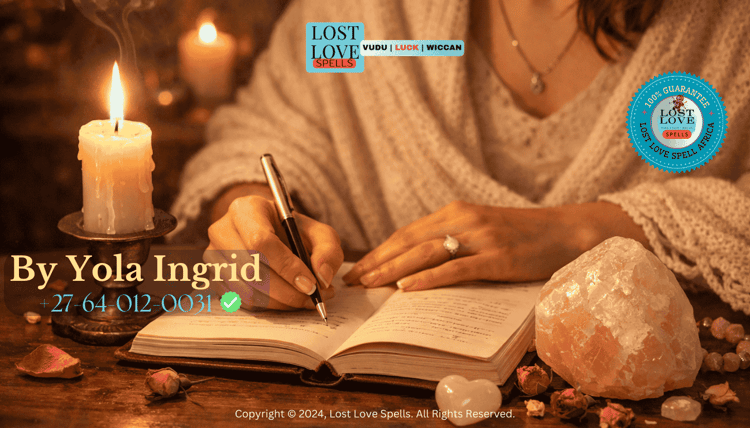 A calm person journaling beside a candle and rose quartz, representing intention-setting, emotional healing, and the psychological power of ritual in love spell work.