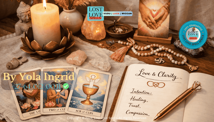 A calm spiritual workspace with a candle, tarot cards, and a journal, symbolizing modern cross-cultural love guidance rooted in clarity, healing, and ethical intention.