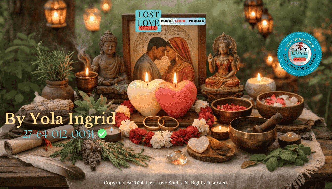 A calm traditional altar with herbs and soft light outdoors, representing peaceful relationship blessings and ethical love healing practices across cultures. (1)