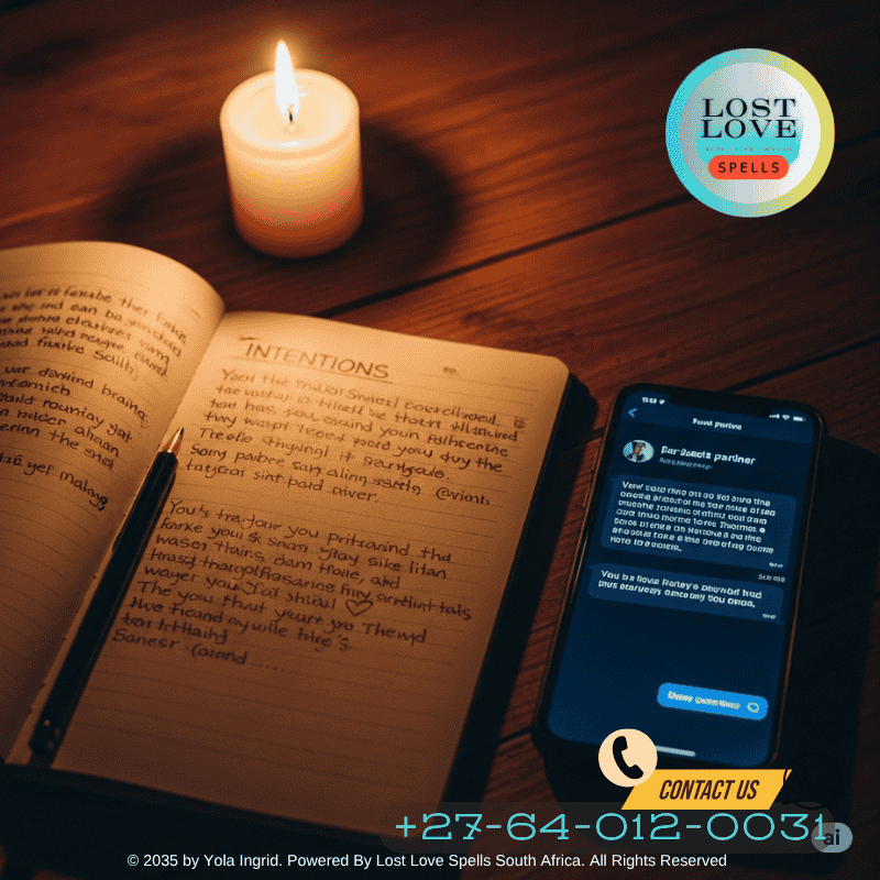 A candle-lit notebook with handwritten intentions beside a smartphone showing a message from a past partner.