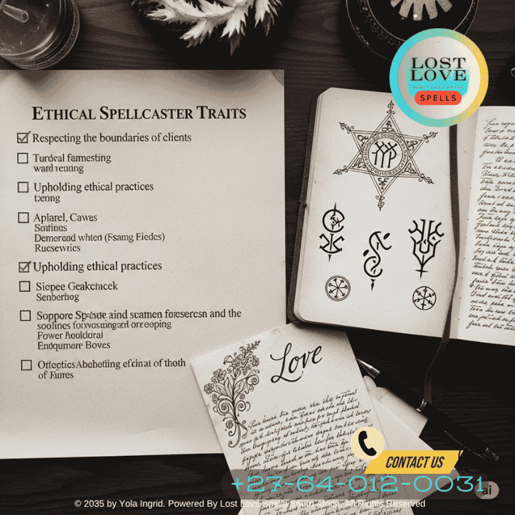 A checklist of ethical spellcaster traits beside a notebook and love letter.