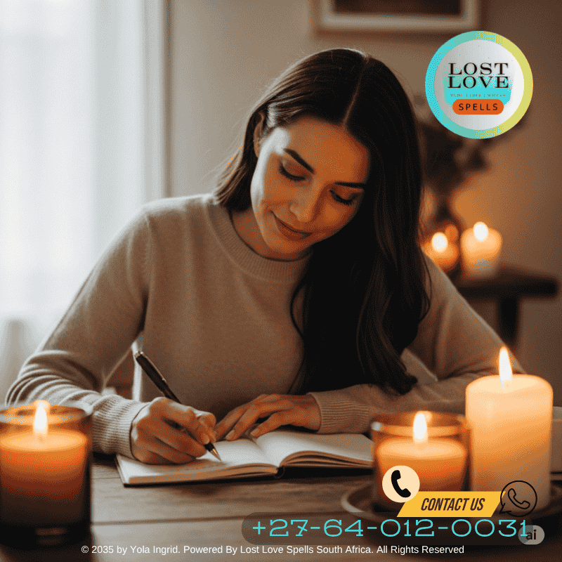 A client journaling with candles lit beside them, documenting their healing journey.