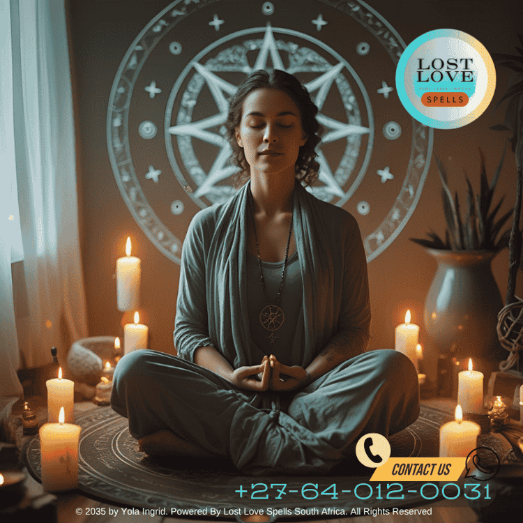 A client meditating during a virtual spell session with soft candlelight and a calm expression.
