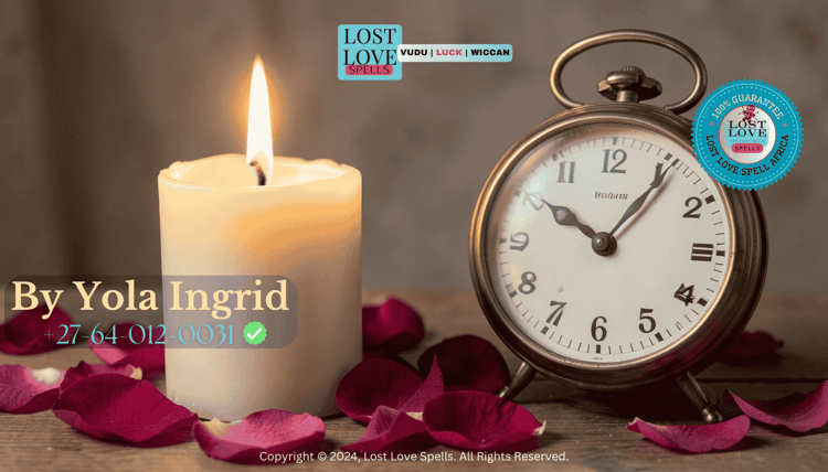A clock beside a candle and rose petals, symbolizing patience, realistic timing, and the gradual unfolding of ethical love spell results.