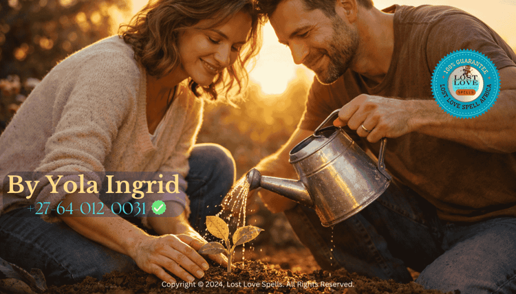 A couple watering a small plant together in warm light, symbolizing ongoing relationship care and the truth that love needs nurturing beyond any spiritual work.