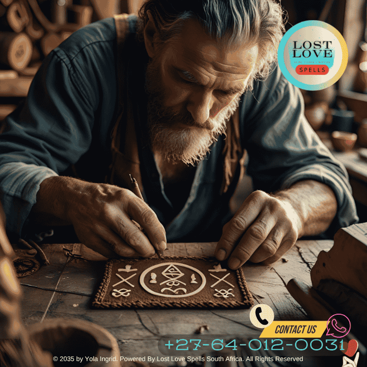A cunning man inscribing protective symbols on a talisman