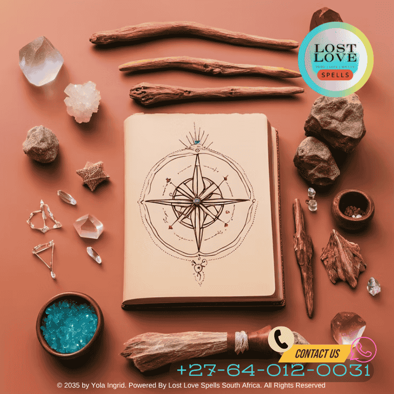 A detailed look at ritual tools like wands and crystals used in love spell casting.