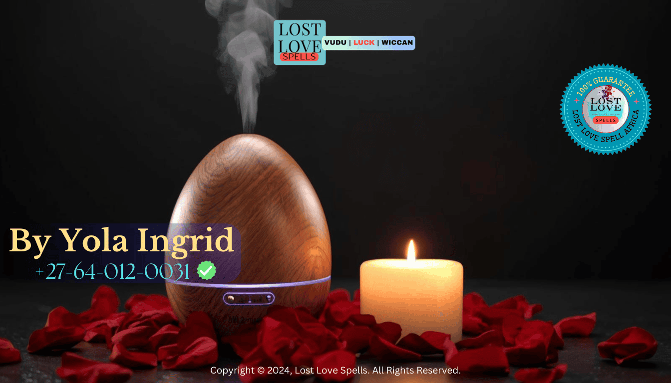A diffuser releasing gentle mist beside a candle and rose petals, symbolizing aromatherapy calming the heart and strengthening love spell intention.