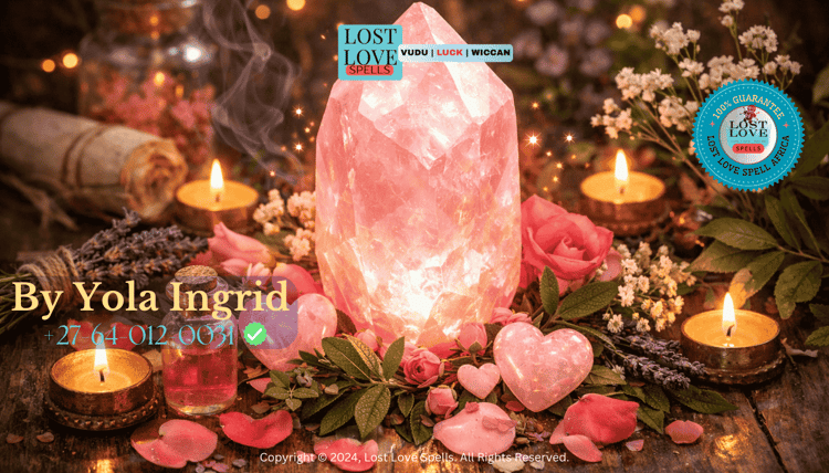 A glowing rose quartz crystal surrounded by herbs, representing loving energy, gentle healing spellwork, and relationship renewal.