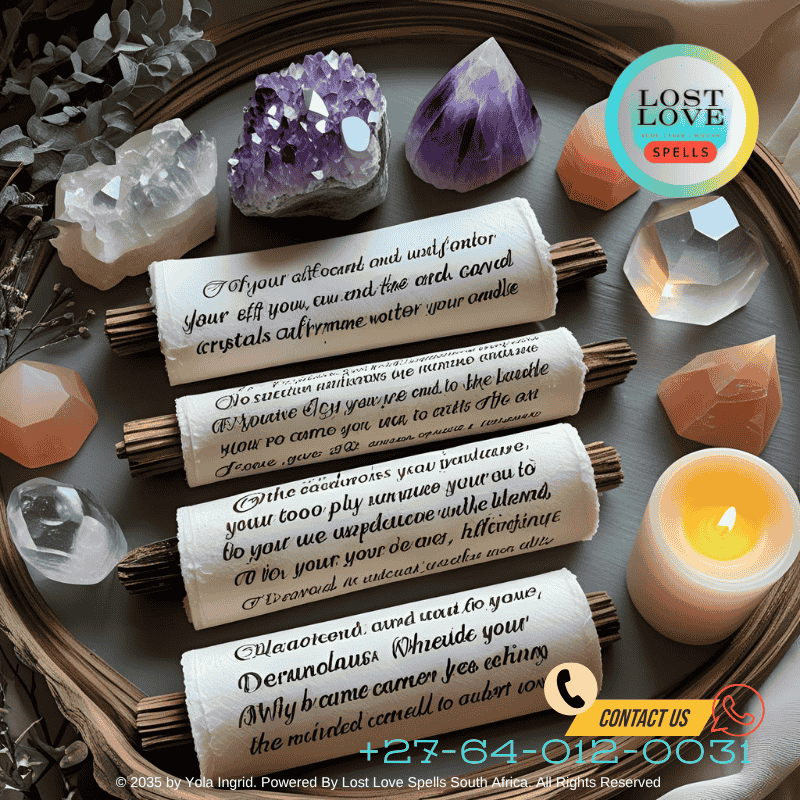 A handwritten love spell scroll beside herbs and a rose quartz crystal.