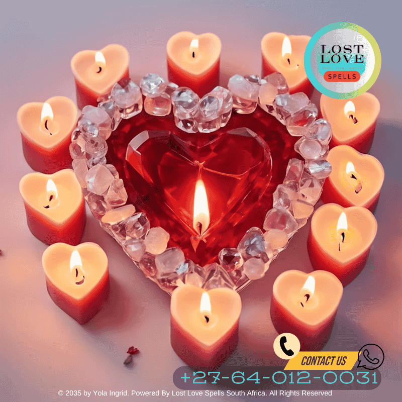 A heart-shaped crystal surrounded by candles, representing manifestations and symbols of love spells