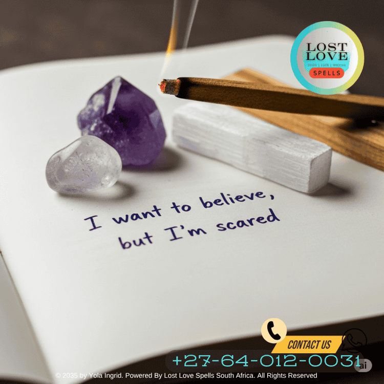 A journal page with the words “I want to believe, but I’m scared” written beside crystals and incense.