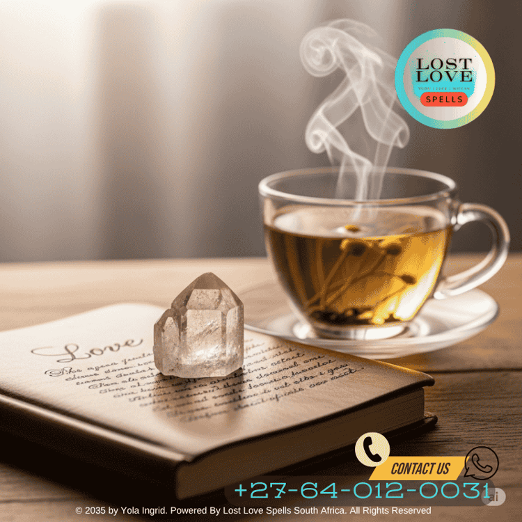A love journal and crystal beside a steaming cup of tea, symbolizing care and reflection.