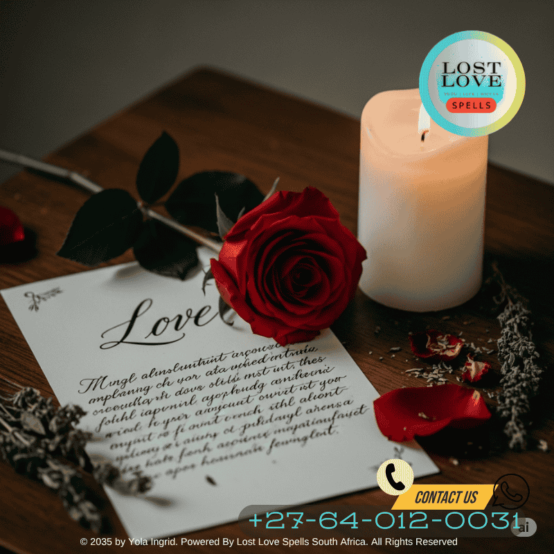 A love letter, a rose, and a candle arranged as part of a preparation altar.