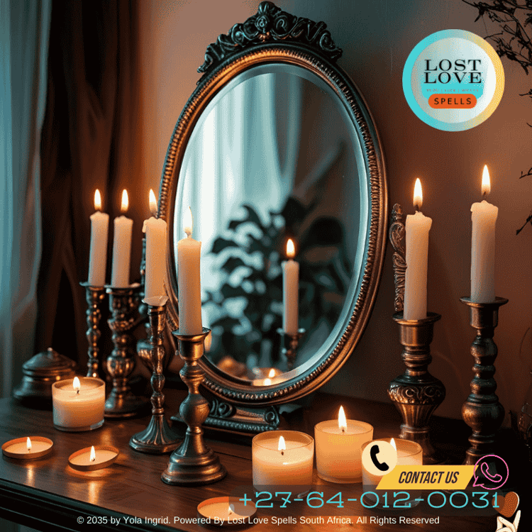 A mirror setup with candles, used in mirror magic for love spells. (1)