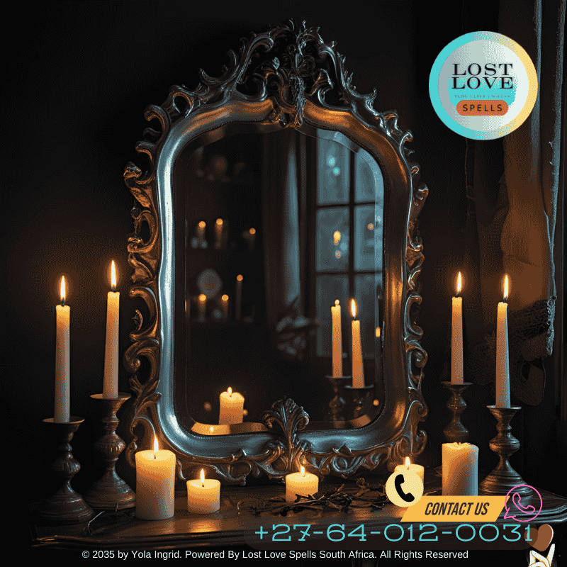A mirror setup with candles, used in mirror magic for love spells.