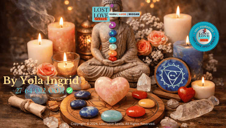 A peaceful chakra balancing setup with candles and crystals, representing energy alignment, confidence restoration, and communication healing in love work.