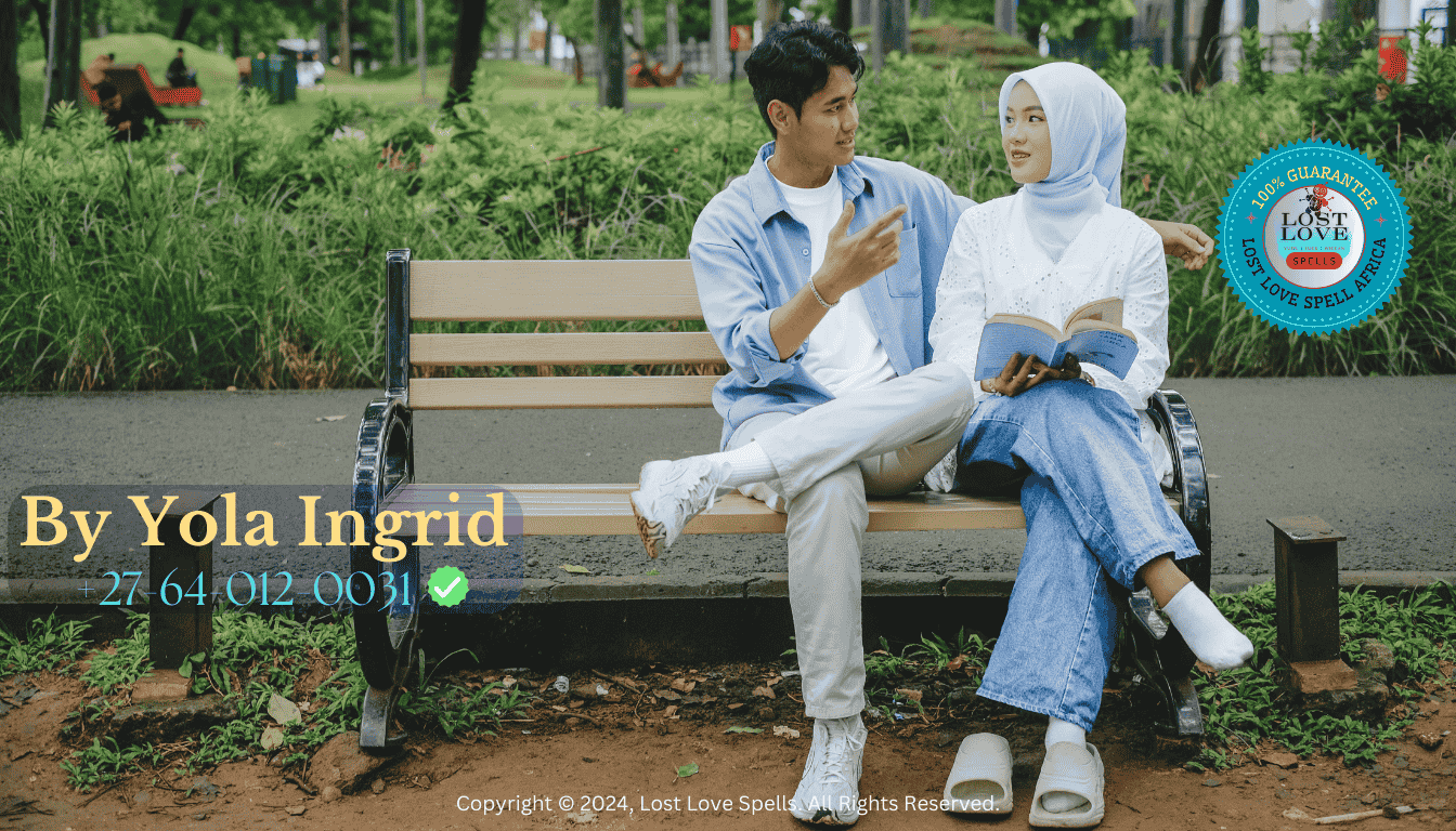 A peaceful couple talking calmly on a park bench, representing natural communication and reconnection without manipulation or control.