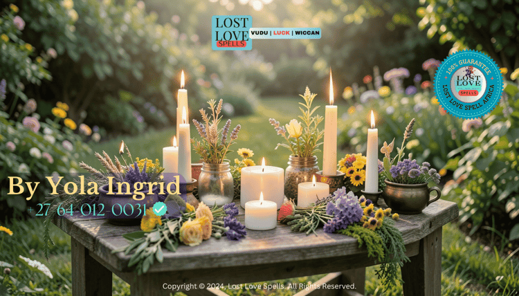 A peaceful outdoor spiritual altar with candles and herbs, representing calm energy alignment and respectful love spell practices. (1)