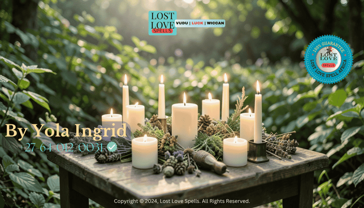 A peaceful outdoor spiritual altar with candles and herbs, representing calm energy alignment and respectful love spell practices.