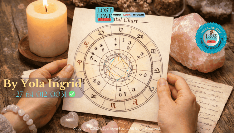 A person holding a birth chart beside a candle and rose quartz, symbolizing astrology-guided intention setting for ethical love spellwork.