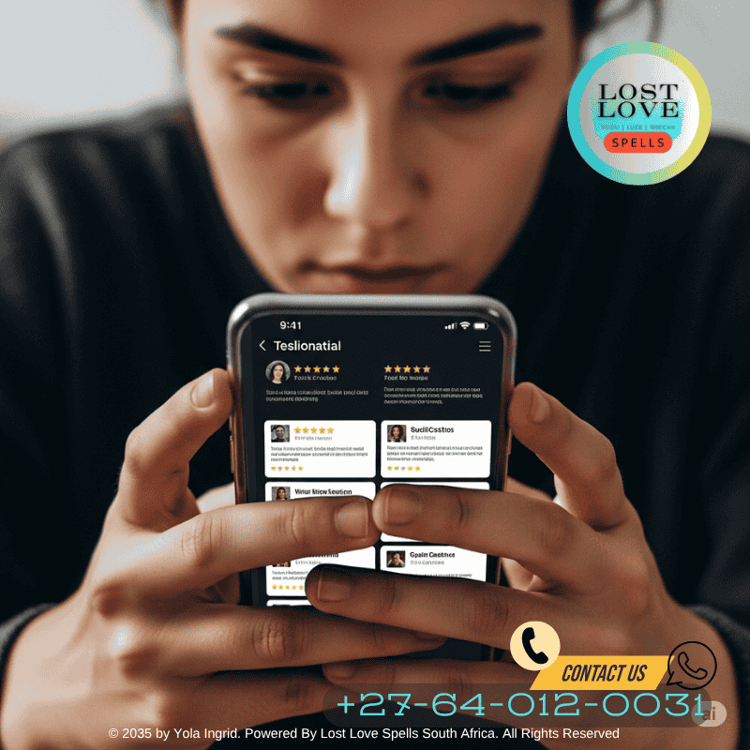 A person reviewing testimonials and spellcaster profiles on their phone, seeking a trustworthy expert. (1)