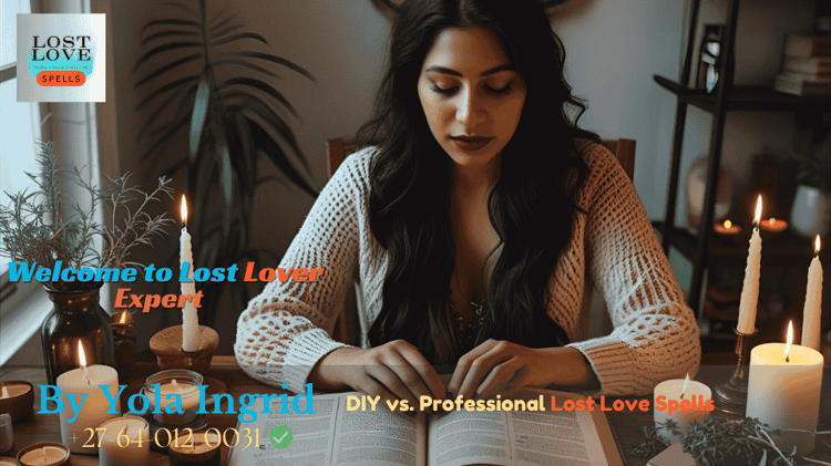 A person sitting at a table with candles, herbs, and an open spell book, trying a DIY love ritual.