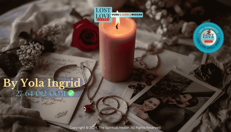 A pink candle surrounded by love letters, jewelry, and a couple’s photo used in a personal connection spell.
