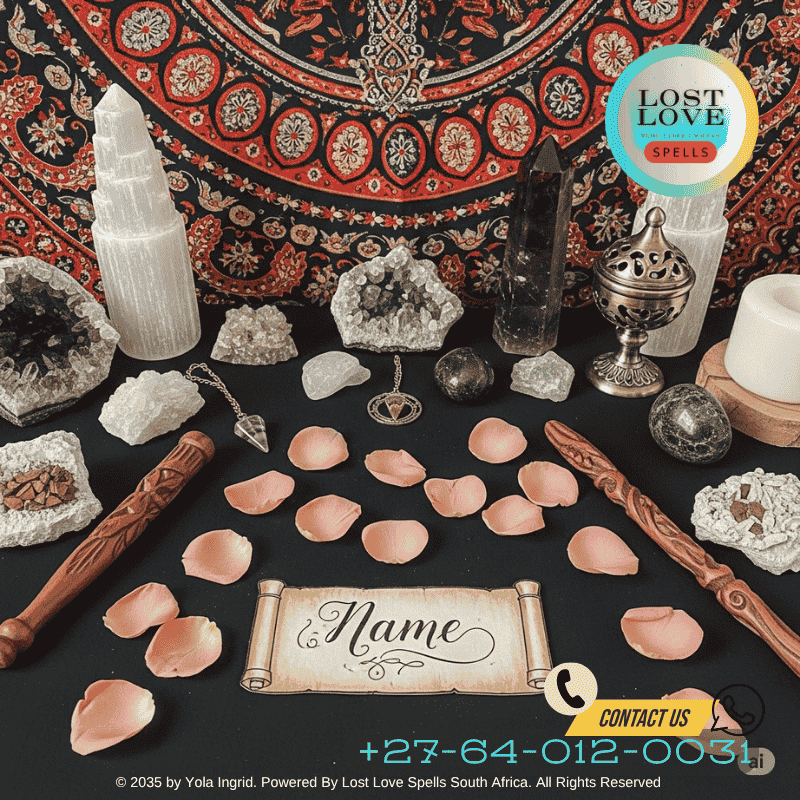 A professional spell altar with rose petals, crystals, ancestral tools, and a name scroll.