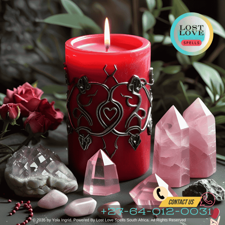 A red candle and rose quartz crystals arranged for a love-binding fidelity spell. (1)