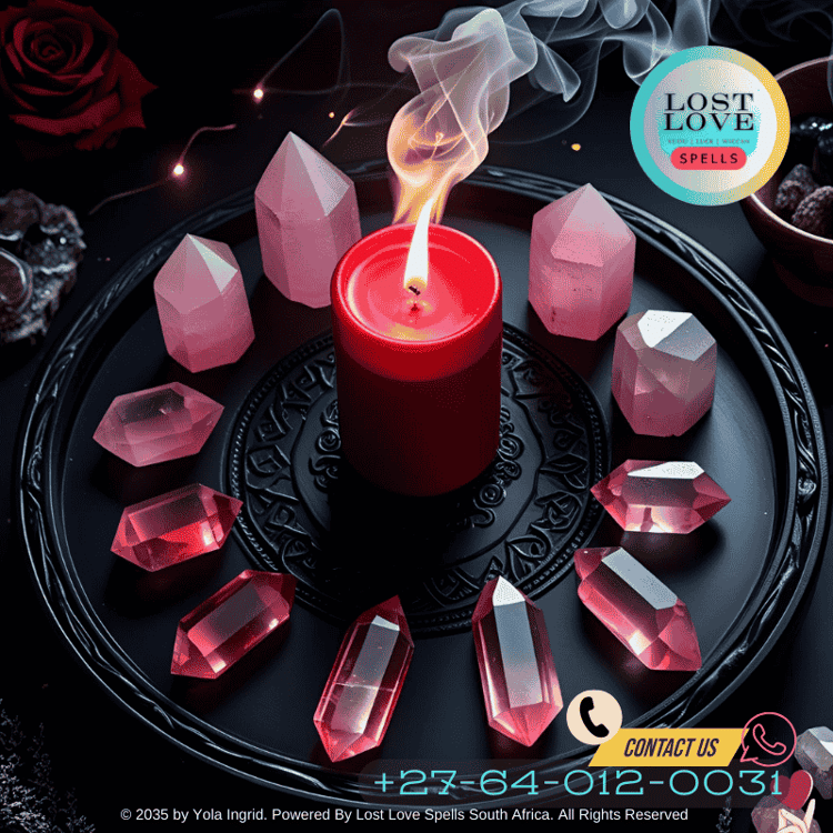 A red candle and rose quartz crystals arranged for a love-binding fidelity spell.