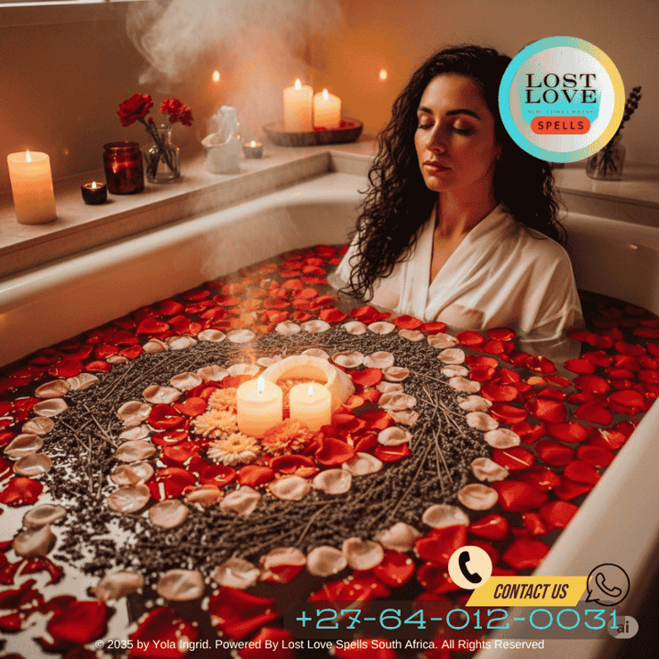 A ritual bath filled with rose petals and lavender, preparing for love spell casting