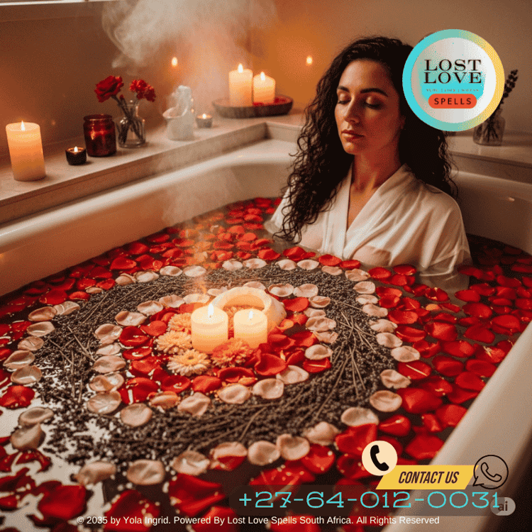 A ritual bath filled with rose petals and lavender, preparing for love spell casting
