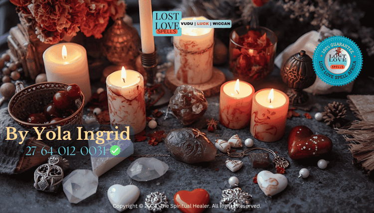 A romantic love spell altar with candles, crystals, and heart symbols arranged for attraction and harmony