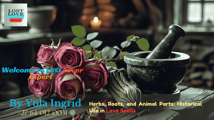 A rustic wooden table with dried roses, mandrake root, and a mortar and pestle