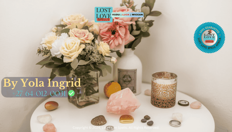 A small love intention corner with rose quartz and fresh flowers on a clean table, representing aligned space energy supporting ethical love spellwork.