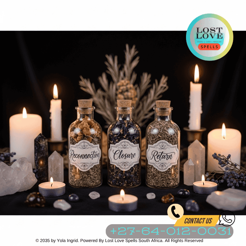 A spell altar with labeled bottles “Reconnection,” “Closure,” “Return,” showing different spell types.