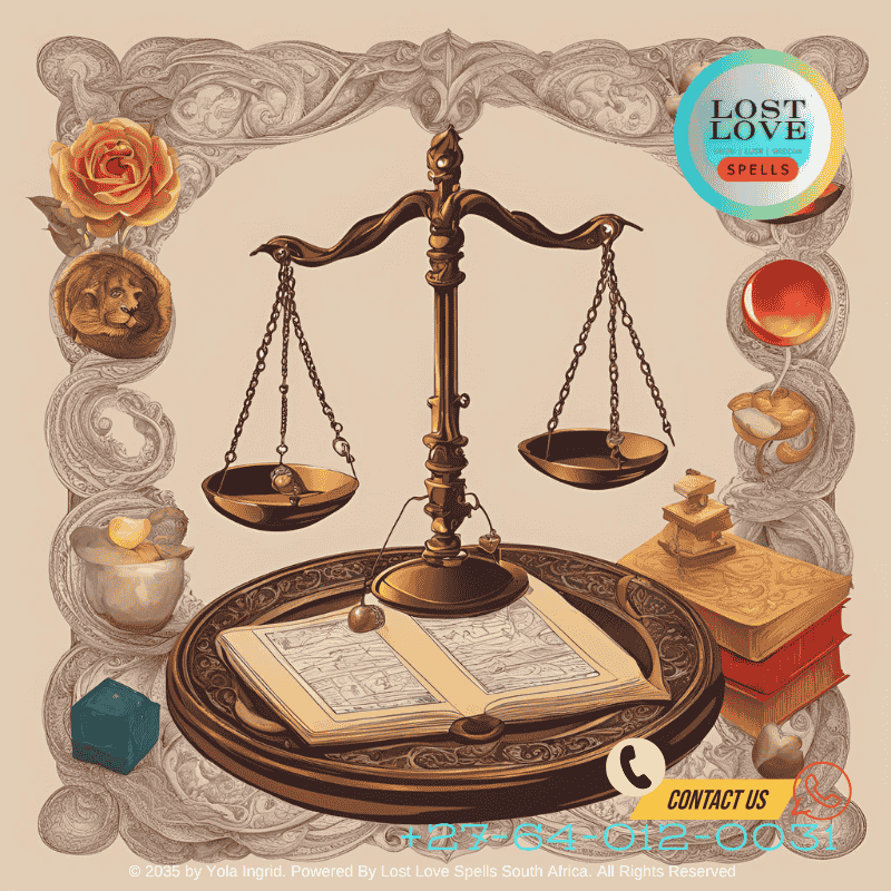 A symbolic representation of karma with a love spell book and balancing scales. (1)
