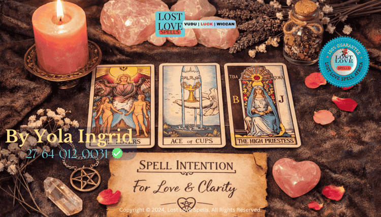 A tarot spread on a table with a candle and rose quartz, symbolizing love guidance, emotional clarity, and ethical spell intention setting.