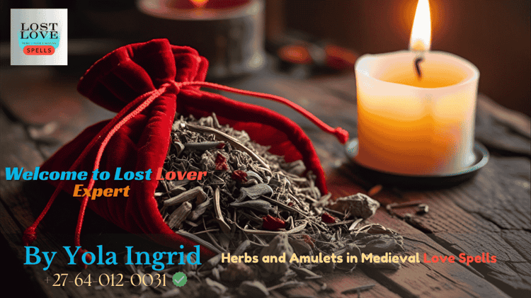 A velvet pouch filled with dried herbs and tied with red thread beside a burning candle