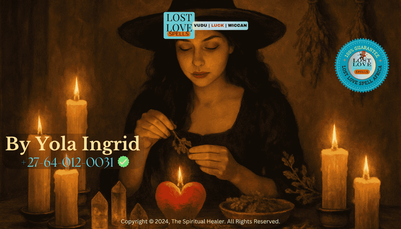 A witch preparing her altar with candles, crystals, and herbs before a love ritual. (1)