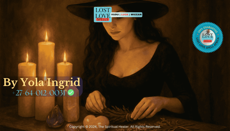 A witch preparing her altar with candles, crystals, and herbs before a love ritual.
