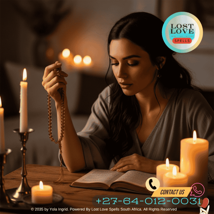 A woman holding prayer beads and reading a romantic dua in candlelight