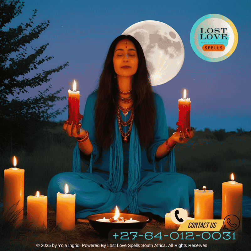 A woman peacefully meditating during a full moon, connecting with past love energy.